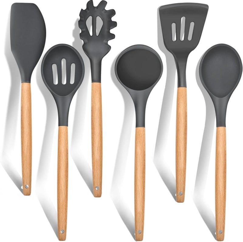 E-far Cooking Utensils Set of 6, Silicone Kitchen Utensils with Wooden Handle, Non-stick Cookware Friendly & Heat Resistant, Includes Spatula/Ladle/Slotted Turner/Serving Spoon/Spaghetti Server(Gray)